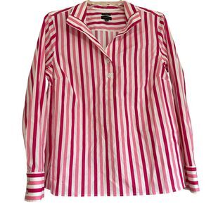 Talbots Womens Top Sz M Pink Striped Non-Iron Popover Shirt Long Sleeve Stretch